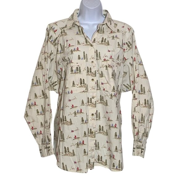 VTG Outback Red Button-Up Collar Shirt Winter Deer Print 100% Cotton Womens SZ 1 - Picture 1 of 7